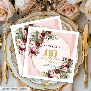 Modern Boho Burgundy Gold Floral 60th Napkins