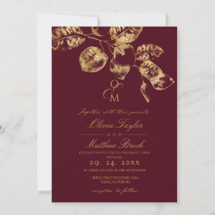 Modern Boho Burgundy & Gold Wedding Invitation
