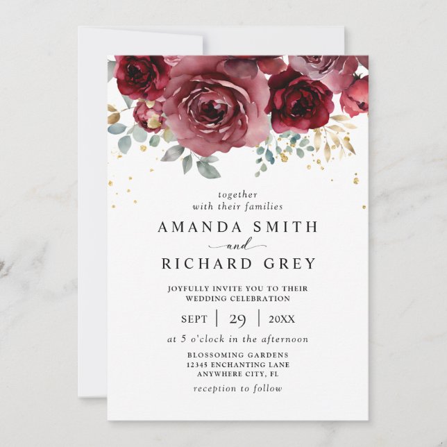 Modern Boho Burgundy Red and Gold Floral Wedding Invitation (Front)