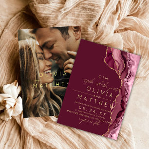 Modern Boho Burgundy Wedding Photo Invitation 