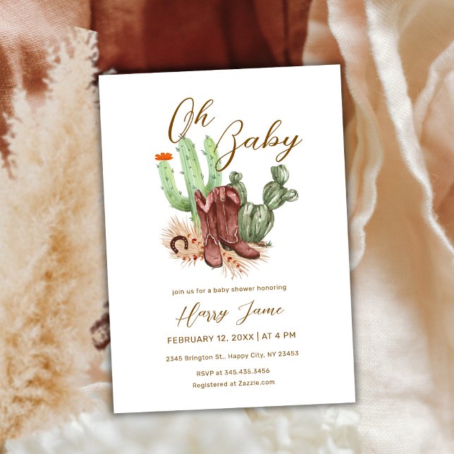 Modern Boho Cactus Cowboy Shoes Baby Shower Invitation (Modern Boho Cactus Cowboy Shoes Baby Shower Invitation)