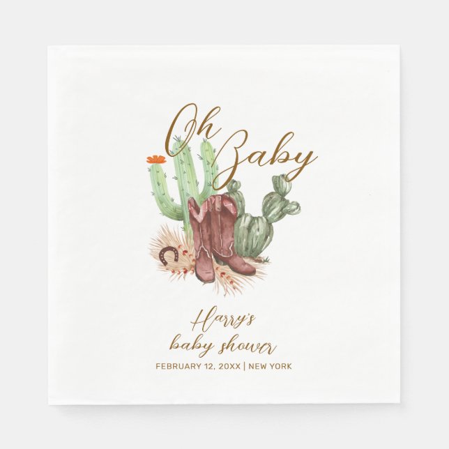 Modern Boho Cactus Cowboy Shoes Baby Shower  Napkin (Front)
