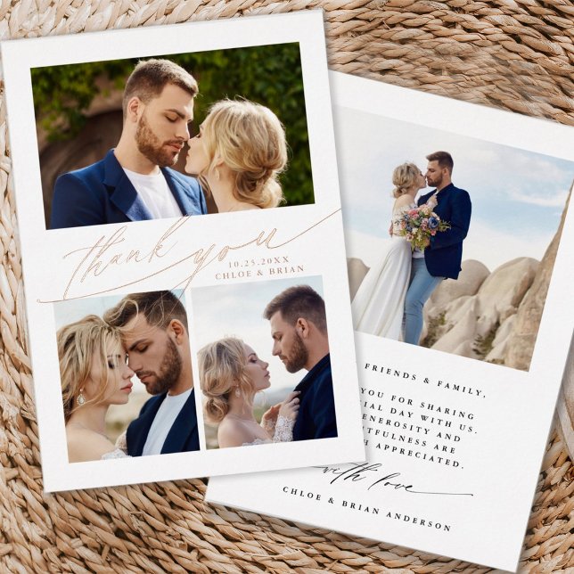 Modern Boho Calligraphy 4 Photo Wedding Thank You  (Front & Back)