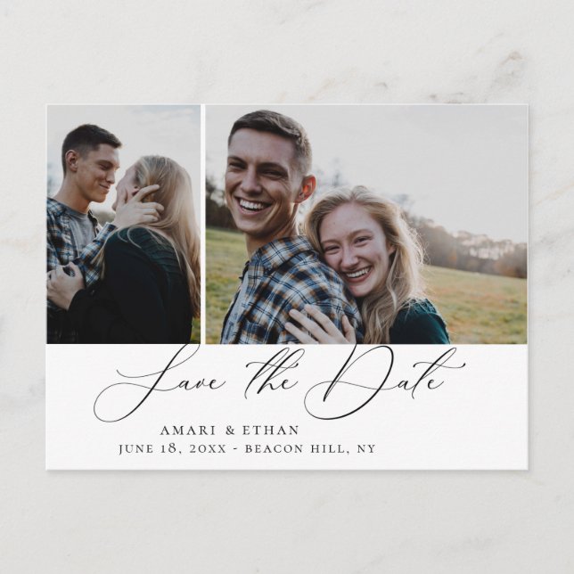 Modern Boho Calligraphy Multi-Photo Save the Date Announcement Postcard (Front)