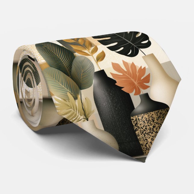 Modern Boho Ceramic Vases and Botanical Leaves Tie (Rolled)