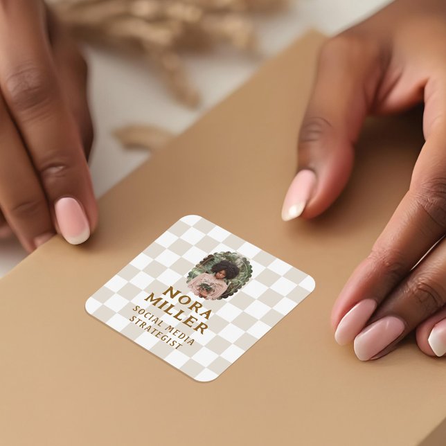 Modern Boho Chequered Pattern Photo Business Square Sticker (Modern Boho Checkered Pattern Photo Business Square Sticker)