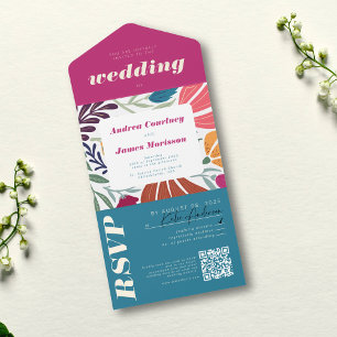 Modern Boho Chic Retro Colourful Wedding All In One Invitation