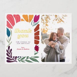 Modern Boho Chic Retro Floral Thank You Foil Holiday Postcard