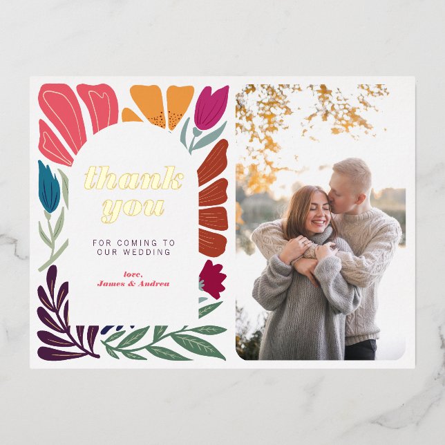 Modern Boho Chic Retro Floral Thank You Foil Holiday Postcard (Front)