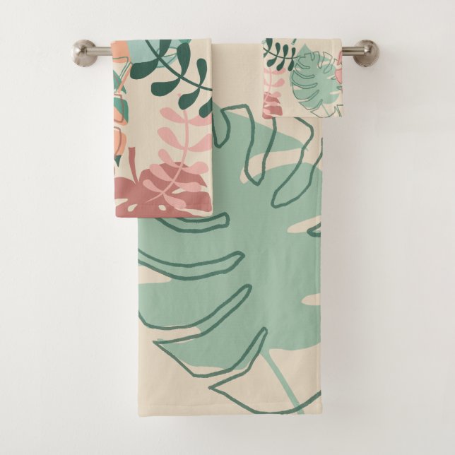 Modern Boho Chic Tropical Monstera Bath Towel Set (Insitu)