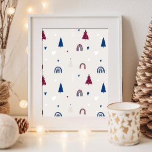 Modern Boho Christmas Blue & Beige Wall Art Print