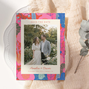 Modern Boho Colourful Red Floral Photo Wedding Save The Date