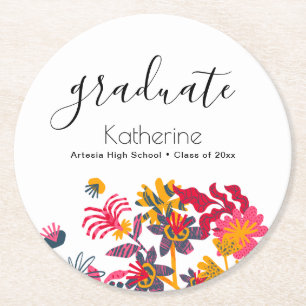 Modern Boho Colourful Wildflowers Grad Party Round Paper Coaster