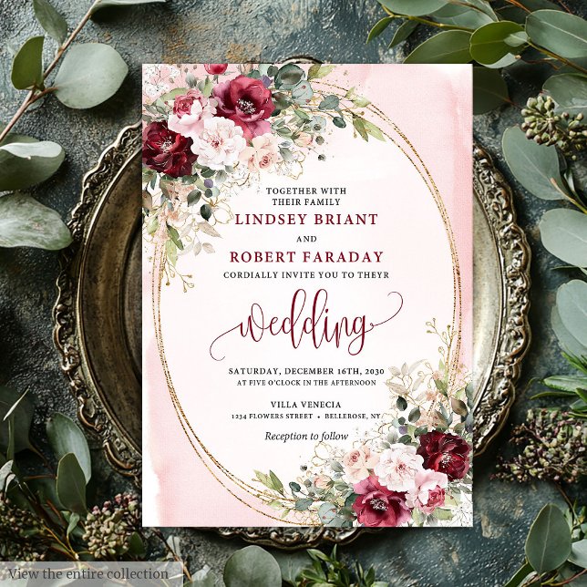 Modern Boho Deep Red Blush Gold Roses Sage Wedding Invitation (Modern Boho Deep Red Blush Gold Roses Sage Wedding Invitation)