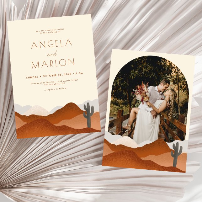 Modern Boho Desert Mountain Wedding Arch Photo Invitation (Creator Uploaded)