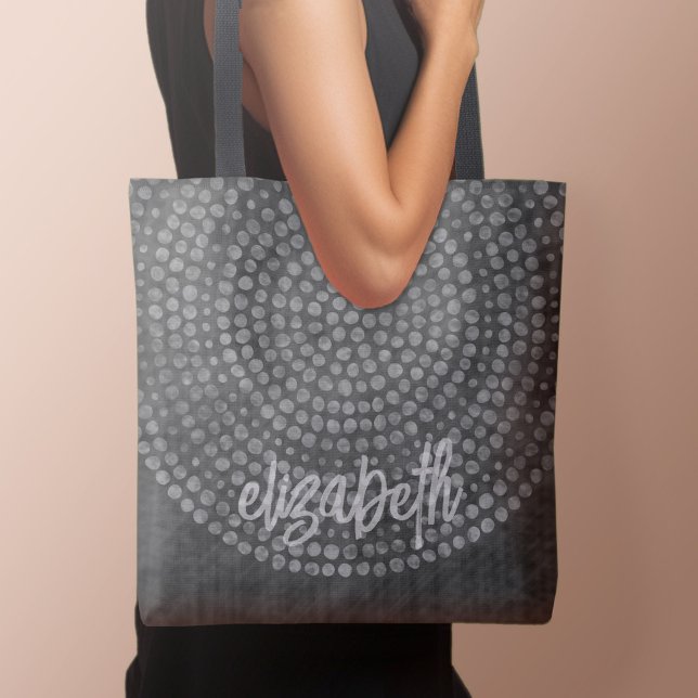 Modern Boho Dot Pattern with bounce script name Tote Bag (Personalized tote bag with boho dots and text)