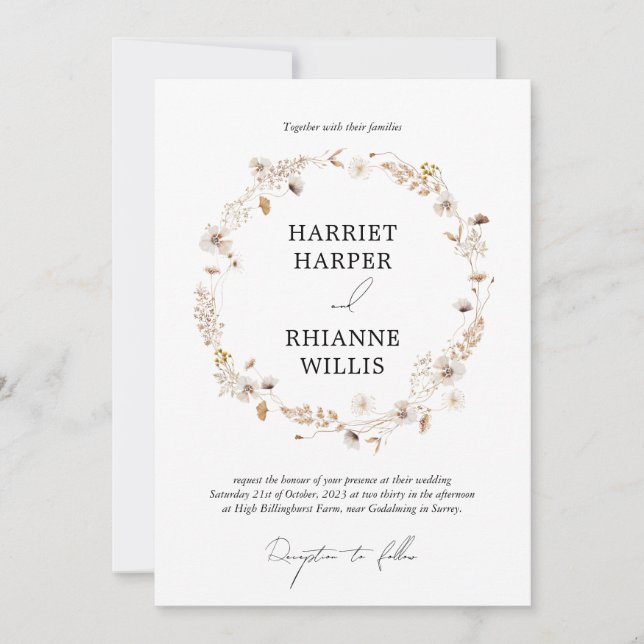 Modern Boho Dried Floral Wreath Wedding Invitation (Front)