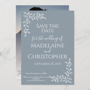 Modern Boho Dusty Blue Botanical Photo Wedding Save The Date