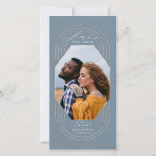 Modern Boho Dusty blue & Gold Save The Date Photo