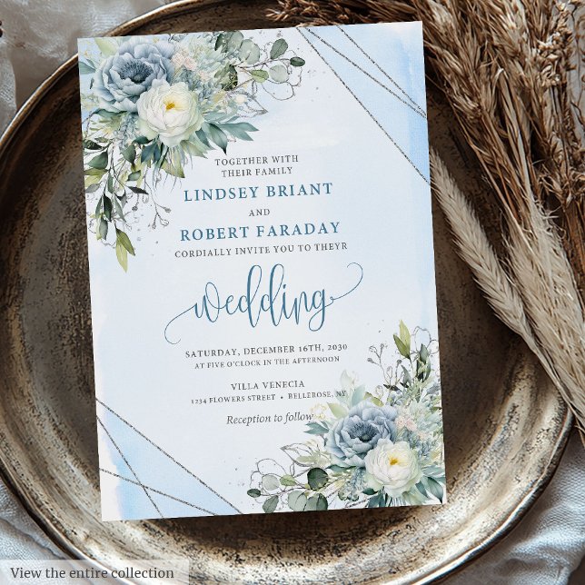 Modern Boho Dusty Blue Silver Roses Wedding Invite (Modern Boho Dusty Blue Silver Roses Wedding Invitation)