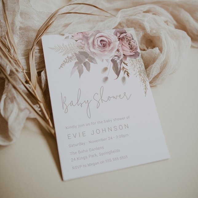 Modern Boho Dusty Rose & Blush Floral Baby Shower Invitation (Creator Uploaded)