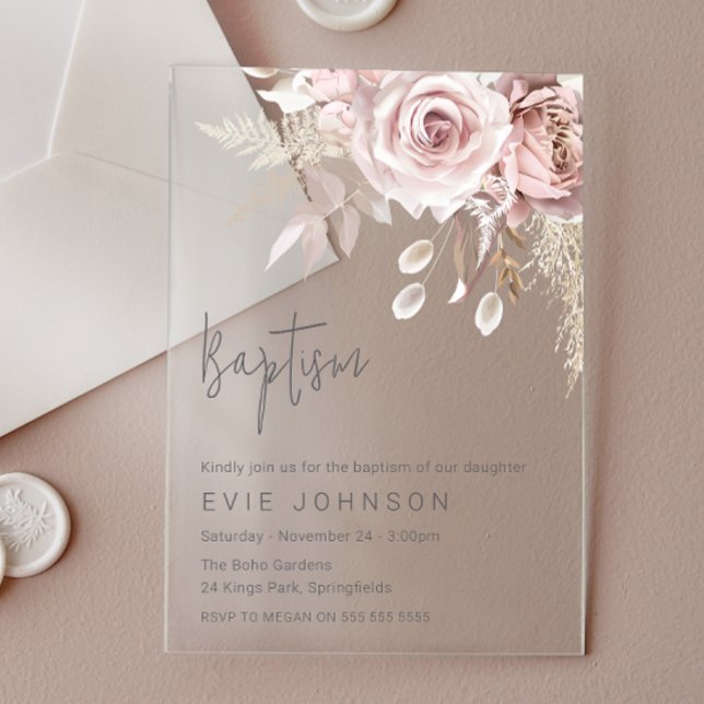 Modern Boho Dusty Rose & Blush Floral Baptism Acrylic Invitations (Creator Uploaded)