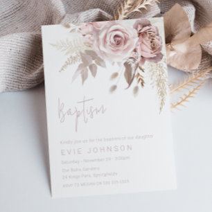 Modern Boho Dusty Rose & Blush Floral Baptism Invitation