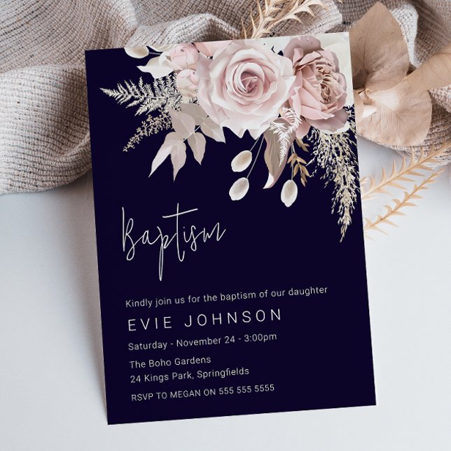 Modern Boho Dusty Rose & Navy Baptism Invitation (Creator Uploaded)