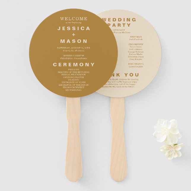 Modern Boho Earth Tone Circle Wedding Program Hand Fan (Front and Back)