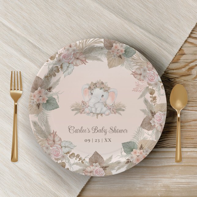 Modern Boho Elephant Gender Neutral Baby Shower Paper Plate (Cute Boho Elephant Paper Plates with Pampas Grass Floral Design)