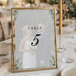 Modern Boho Eucalyptus Leaves & Photo Wedding Table Number