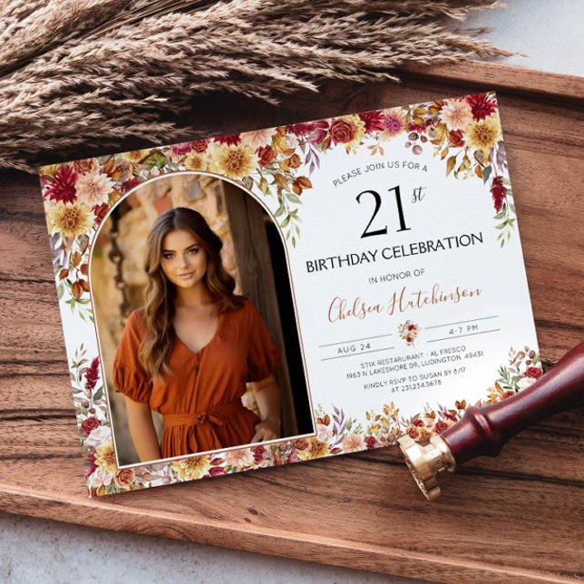 Modern Boho Floral 21st Birthday Photo Invitation (Modern Boho Floral 21st Birthday Photo Invitation)