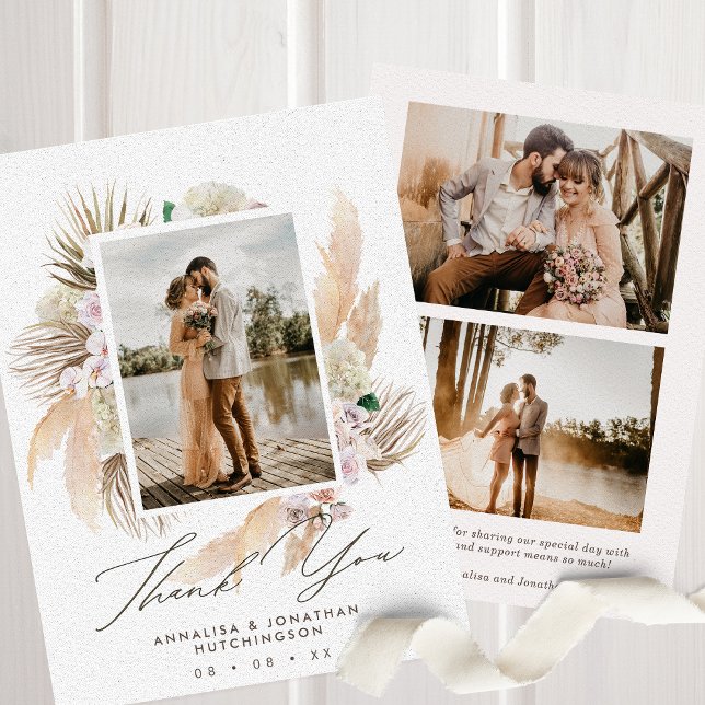 Modern Boho Floral 3 Photos Wedding Thank You Card (Creator Uploaded)