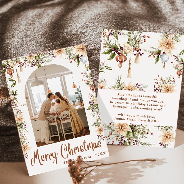 Modern Boho Floral Arch Merry Christmas 1 Photo Invitation (Creator Uploaded)