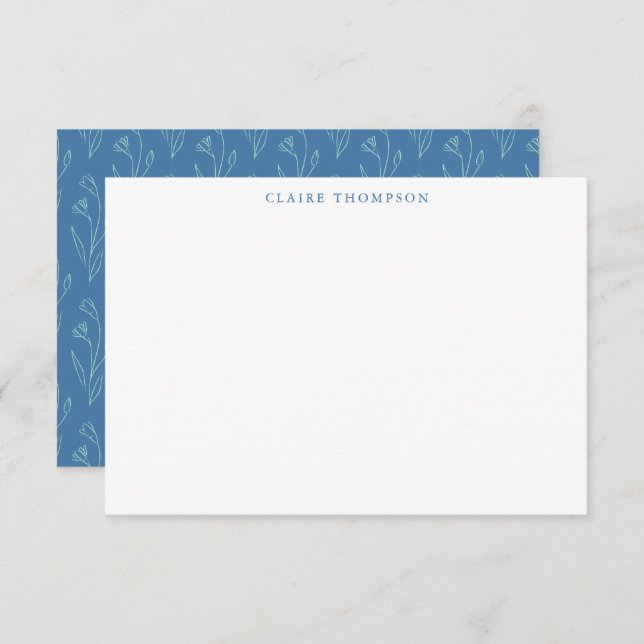 Modern Boho Floral Art Blue Personalised Name Card (Front/Back)