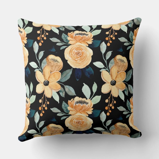 Modern boho floral background botanical black cushion (Back)