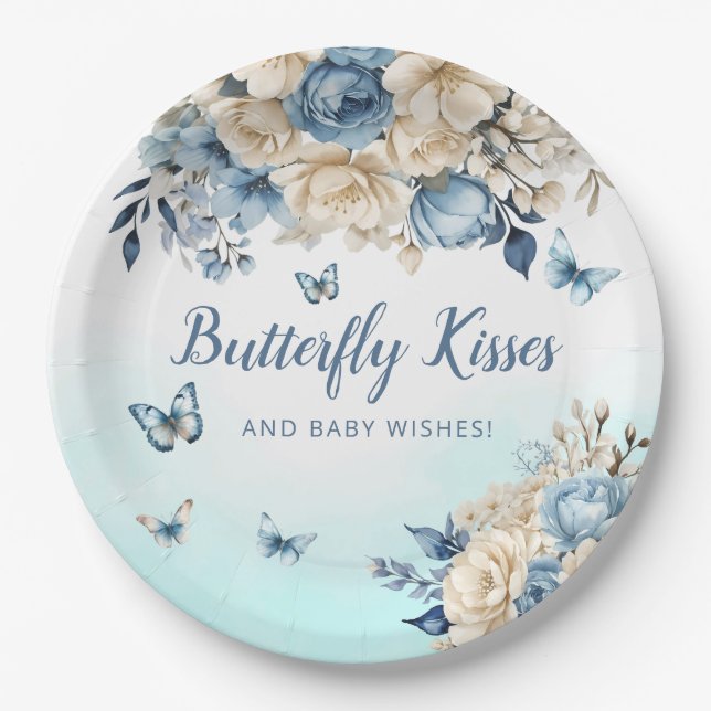 Modern Boho floral blue Butterfly girl baby shower Paper Plate (Front)