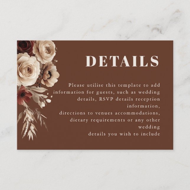 Modern Boho Floral Details Wedding Enclosure Card (Front)