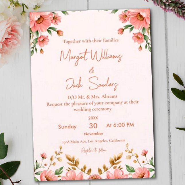Modern Boho Floral Dusty Peach Ivory Wedding Invitation (Creator Uploaded)