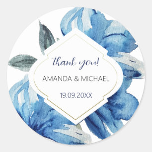 Modern Boho Floral Indigo Blue Abstract Classic Round Sticker