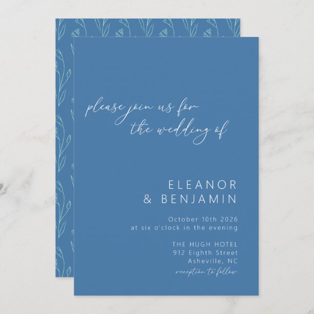 Modern Boho Floral Line Art Blue Script Wedding Invitation (Front/Back)