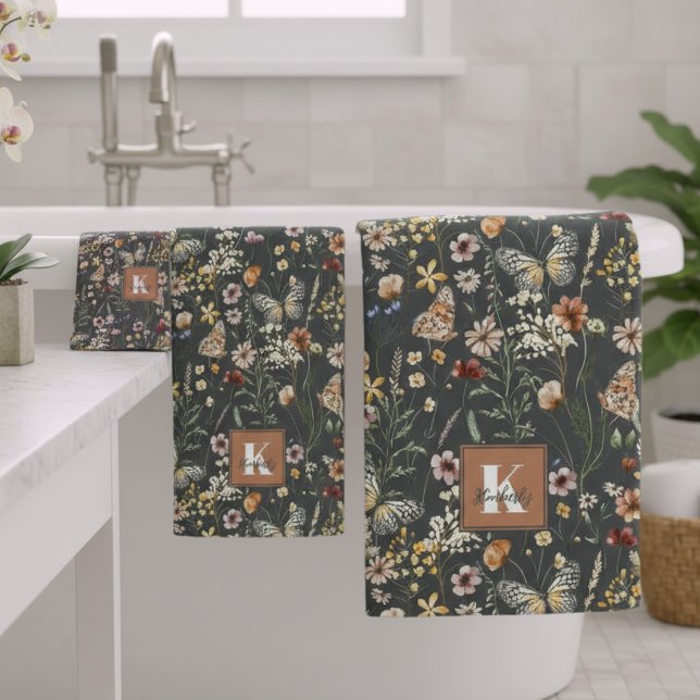 Modern Boho Floral Monogram Name Bath Towel Set (Creator Uploaded)