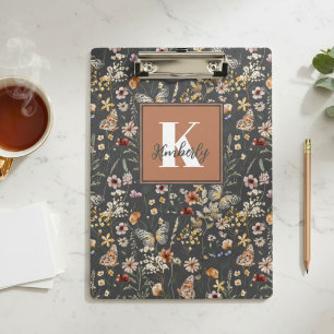 Modern Boho Floral Monogram Name Clipboard