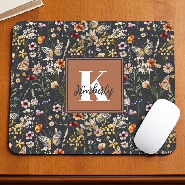 Modern Boho Floral Monogram Name Mouse Pad (Creator Uploaded)