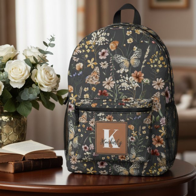 Modern Boho Floral Monogram Name Printed Backpack (Creator Uploaded)