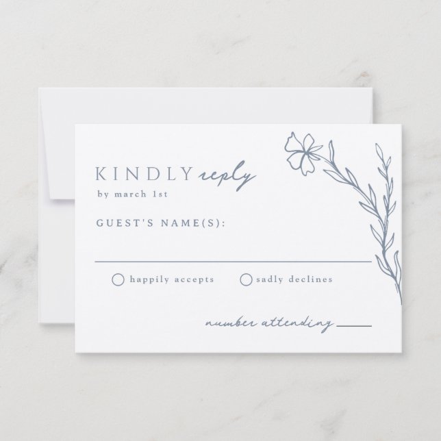 Modern Boho Floral Outline in Dusty Blue on Kraft RSVP Card (Front)