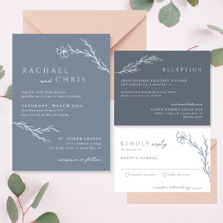 Modern Boho Floral Outline in Dusty Blue Wedding Invitation