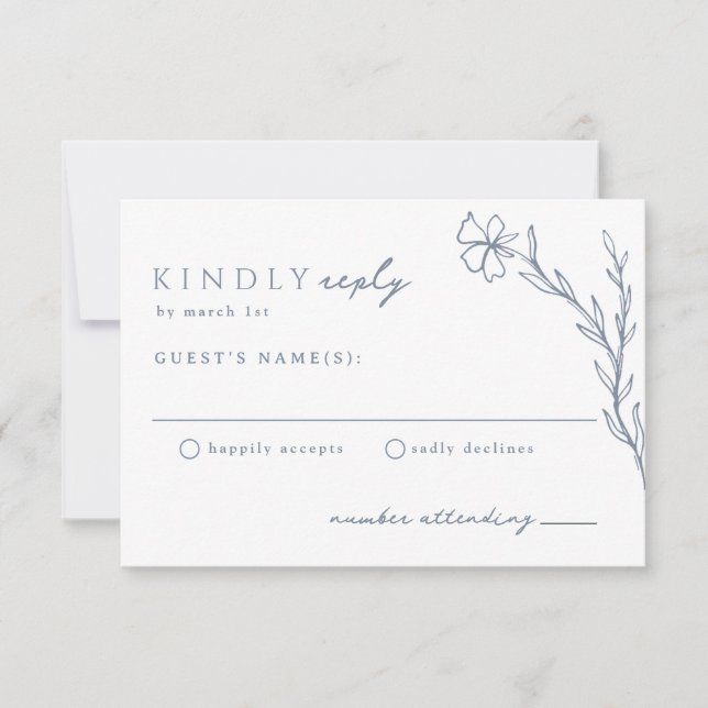 Modern Boho Floral Outline in Dusty Blue Wedding RSVP Card (Front)