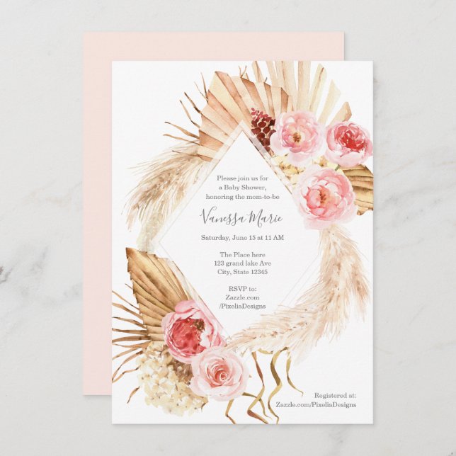 Modern Boho floral pampas grass baby shower Invitation (Front/Back)