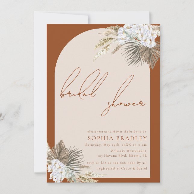 Modern Boho Floral Pampas Grass Bridal Shower Invitation (Front)